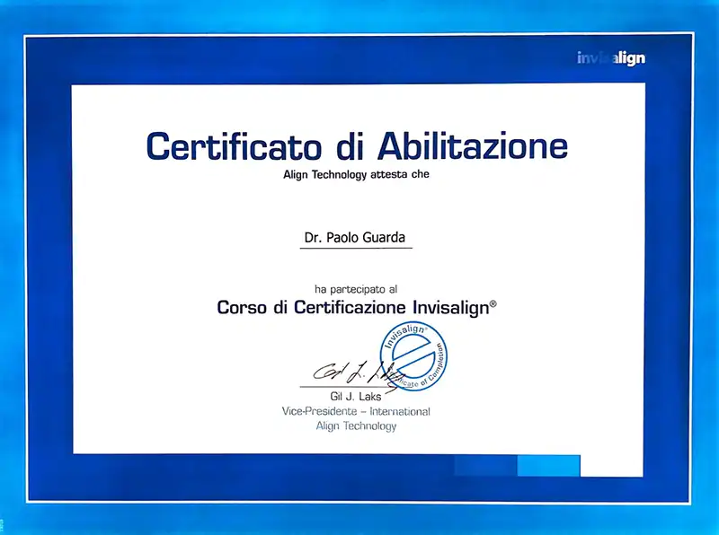 CERTIFICATO INVISALIGN contatta il dr. Paolo Guarda